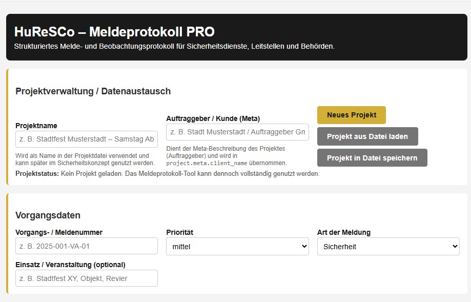 Meldeprotokoll-Tool mit Vorgangsdaten.