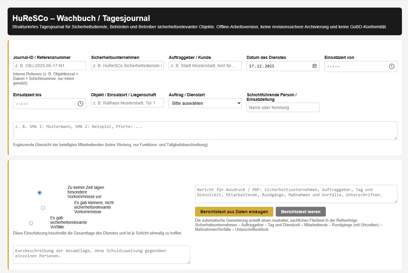 Wachbuch / Tagesjournal mit Journal-ID und Einsatzdaten.